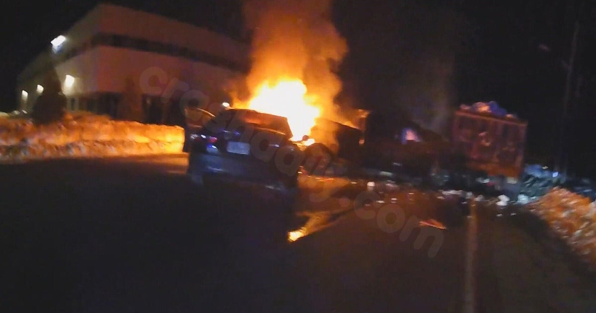 Body camera video shows Easton, Massachusetts police officer save man from burning car crash