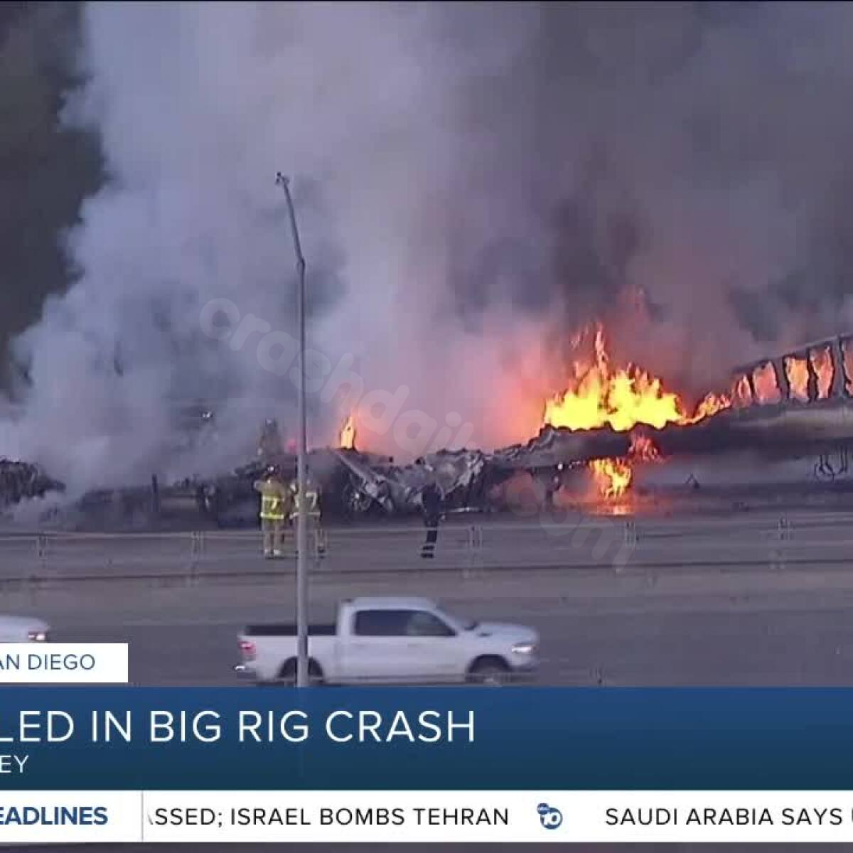 Big rig crashes, bursts into flames on I-805 in Mission Valley; 1 person dead