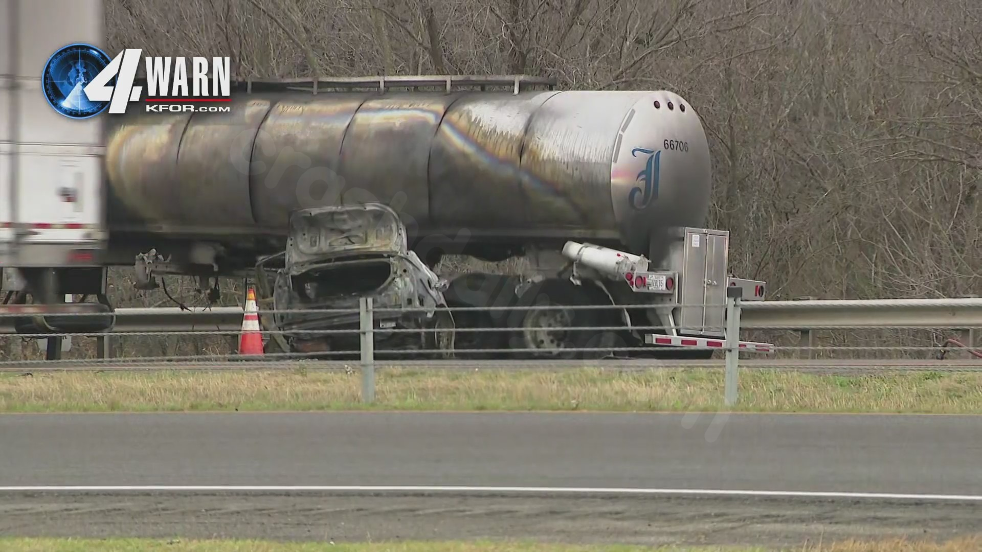 Fiery crash involving semi and car shuts down southbound lanes of I-35 in Edmond