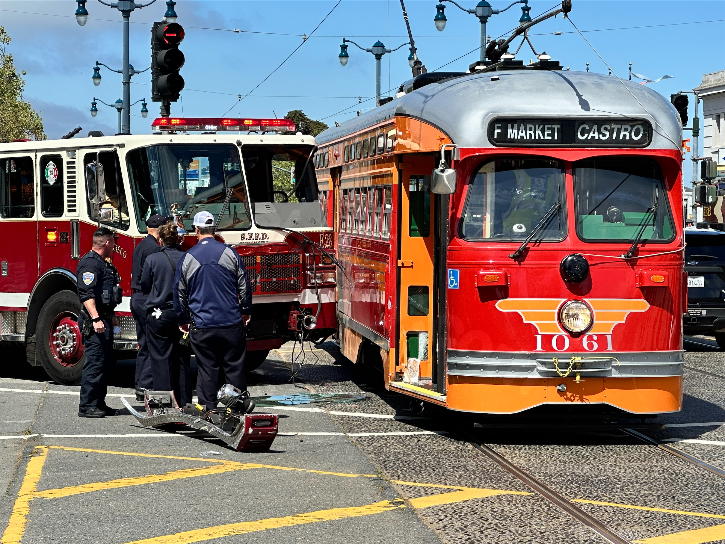 Historic Muni streetcar involved in collision with fire truck on SF Embarcadero