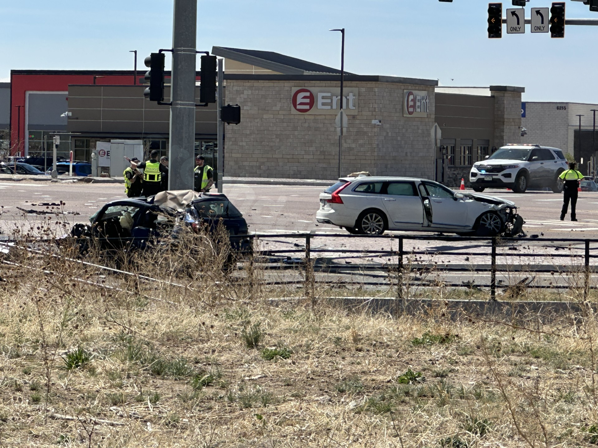 Two-vehicle crash closes westbound Mesa Ridge Parkway