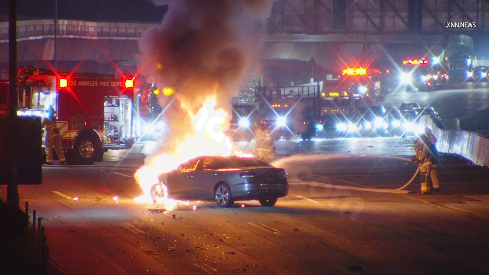 Hit-and-run leaves car burning on 101 Freeway in downtown L.A.
