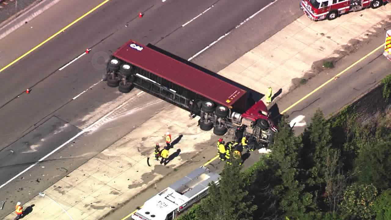 Big rig overturns following crash on I-238 near Hayward
