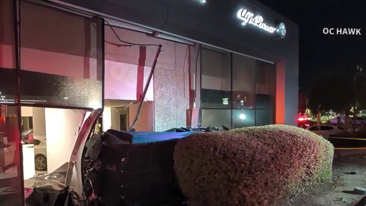 Speeding Corvette goes airborne off 60 Freeway, crashes into LA County Maserati dealership