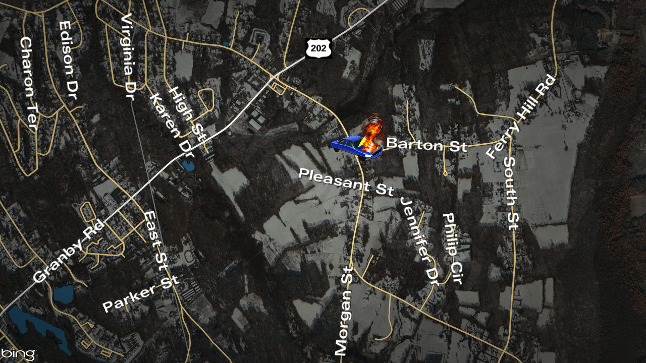 Car crashes into tree, catches fire near Granby intersection