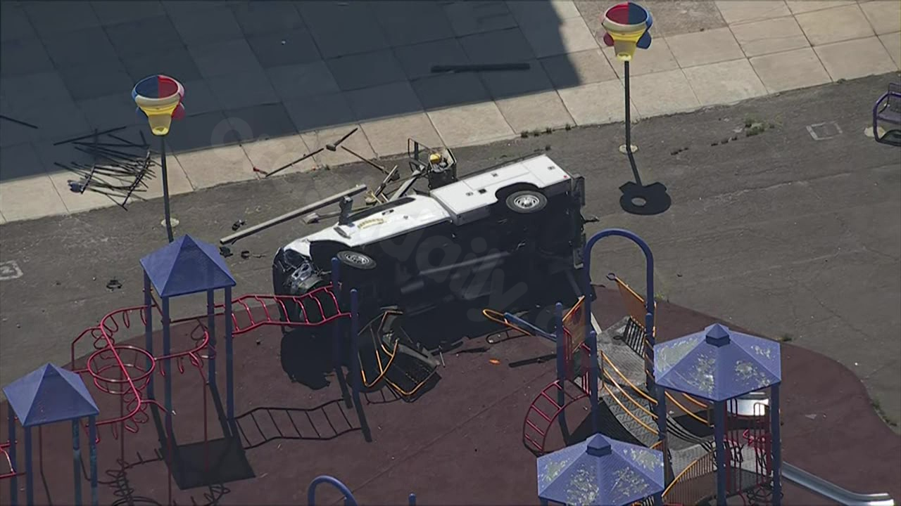 Stolen truck slams into car, overturns onto playground in Southwest Philly: police
