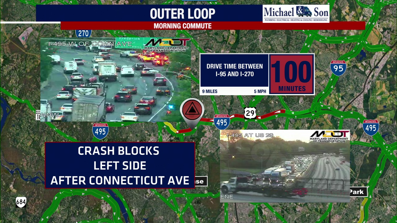 Multi-vehicle crash, fuel spill cause major delays on I-495 in Montgomery County