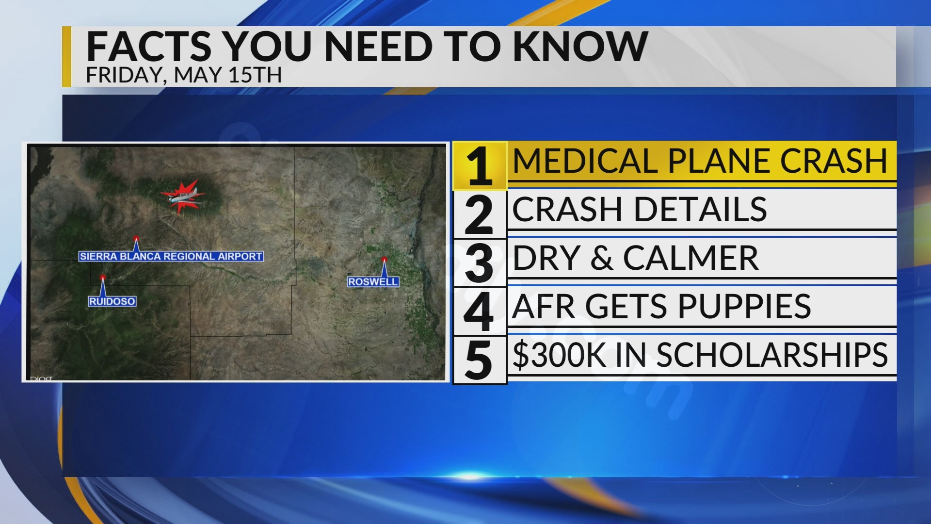 Medical plan crash, Fatal crash investigation, Calm weather, Albuquerque Fire Rescue puppies, Student scholarships