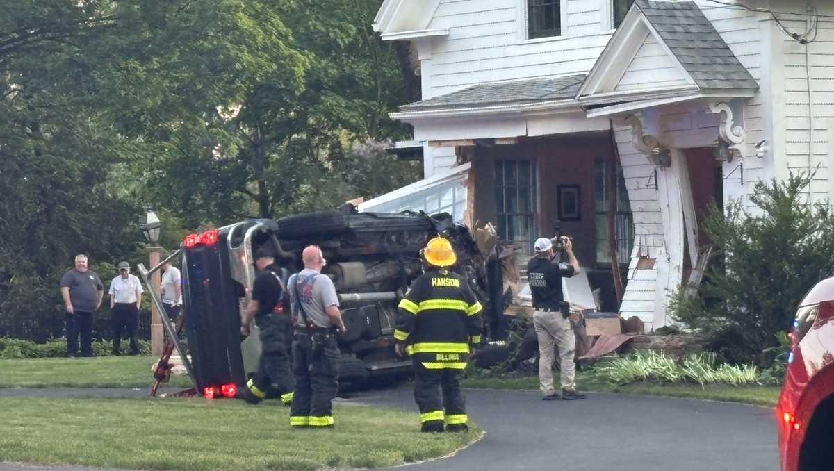 Street closures in place after car crashes into home in Hanson, Mass.