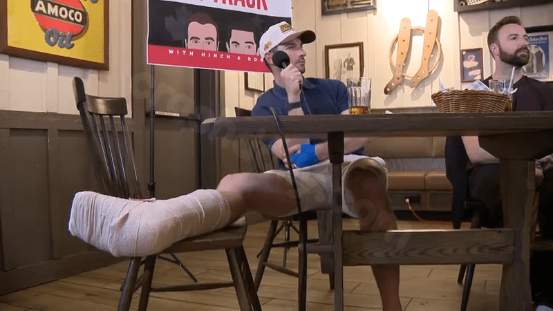 Alexander Rossi does podcast with leg wrapped and elevated following nasty crash during Indianapolis 500 practice