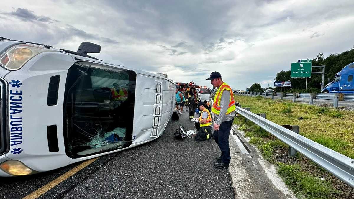 Ambulance rolls over, 3 taken to hospital in Ocala crash, firefighters say