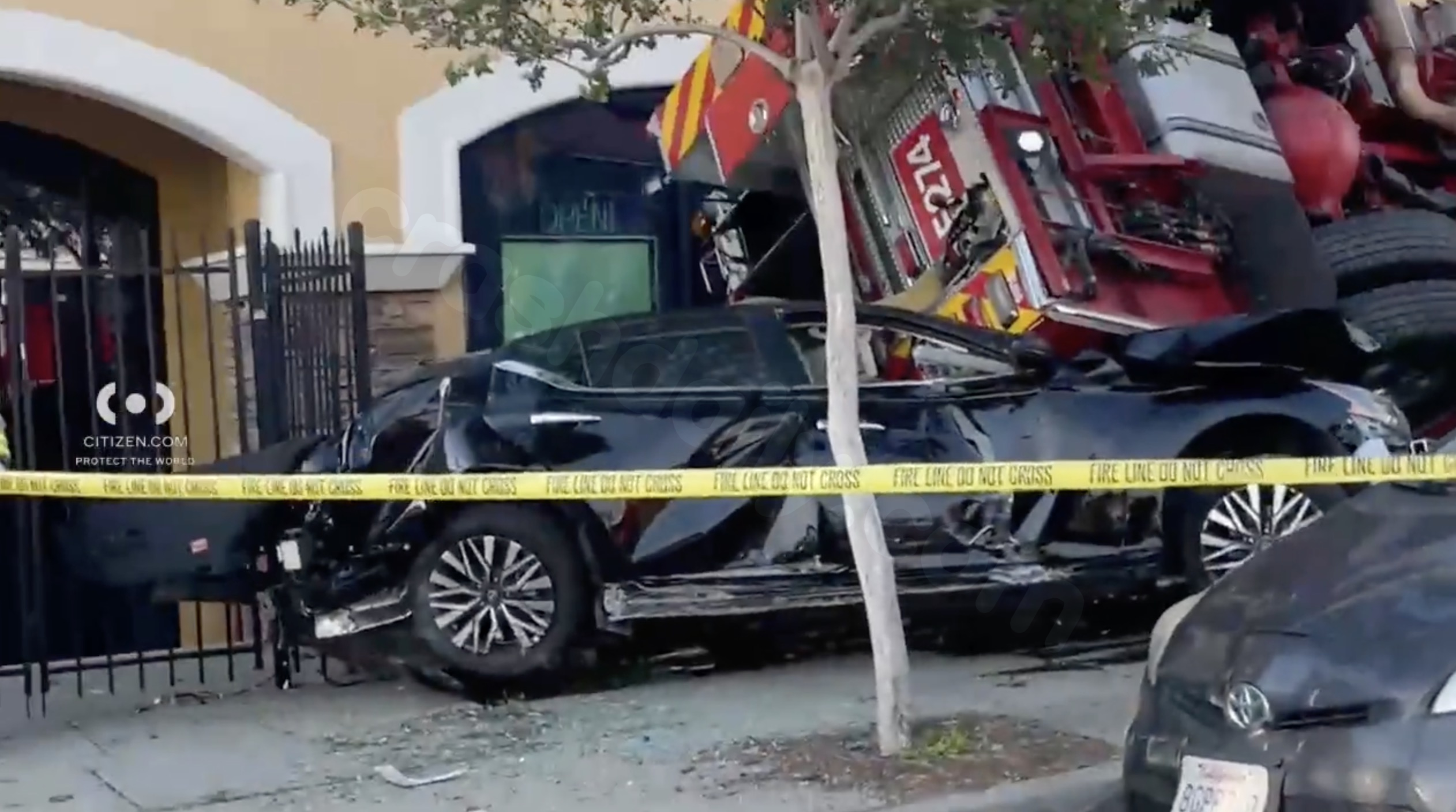 Violent multi-vehicle crash leaves L.A. firetruck overturned, 2 firefighters injured