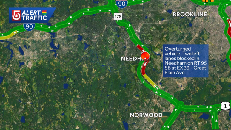 Rollover crash slows commute on Route 128 in Needham, Massachusetts