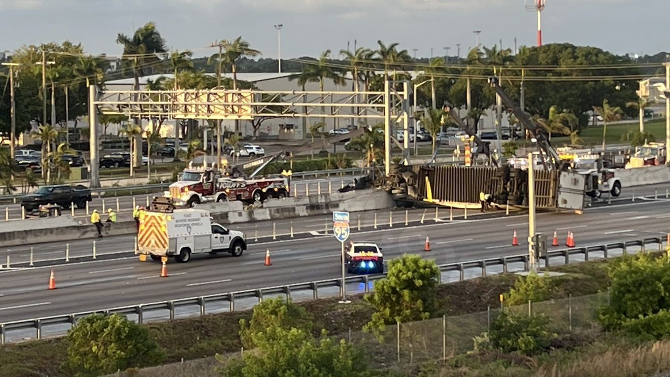 Overturned semi crash blocks lanes on I-95 near Yamato Road, causing Memorial Day traffic