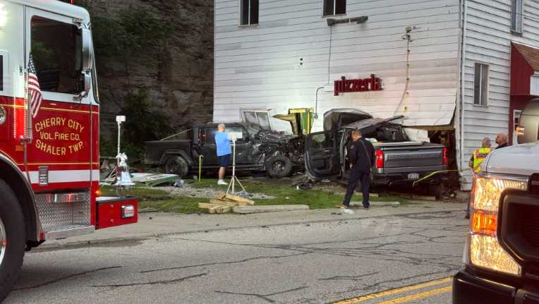 Person hospitalized after 2 vehicles crash into Allegheny County pizza shop