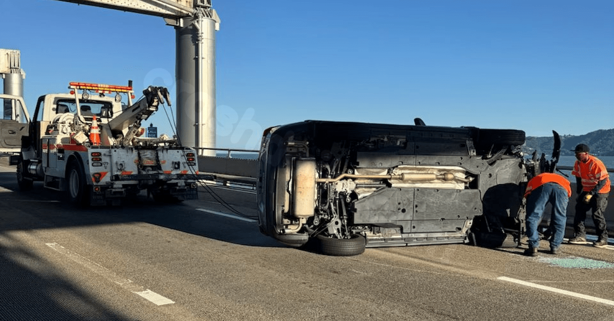 Car flipped on side in two-vehicle crash on Richmond-San Rafael Bridge