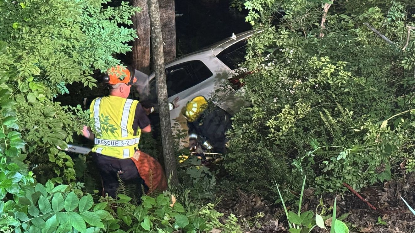 PHOTOS: Driver unhurt after vehicle plunges about 40 feet down embankment