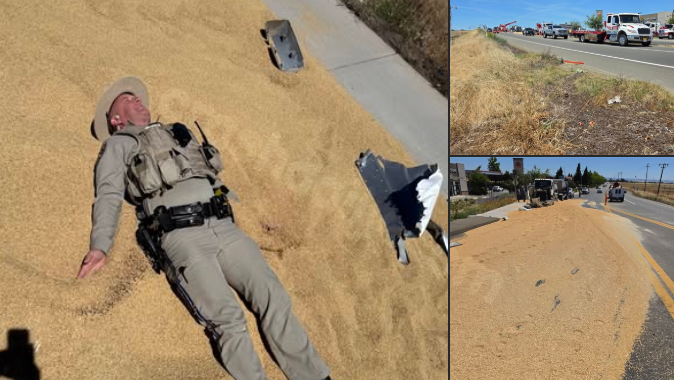 Big rig crash spills rice in Yuba County, CHP officer creates a 'rice angel'