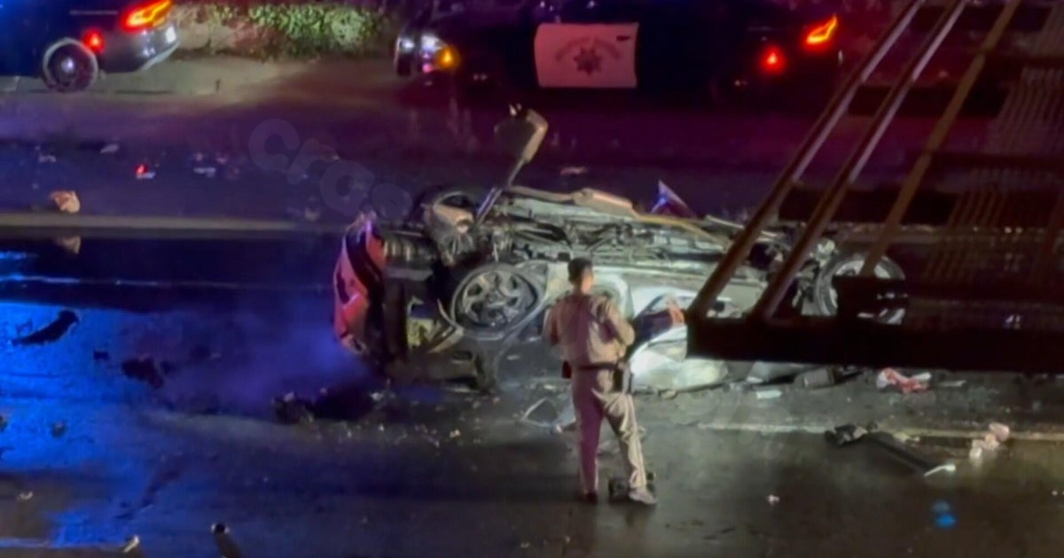 Car flies off San Francisco overpass onto freeway; fiery crash leaves 1 dead, 4 injured