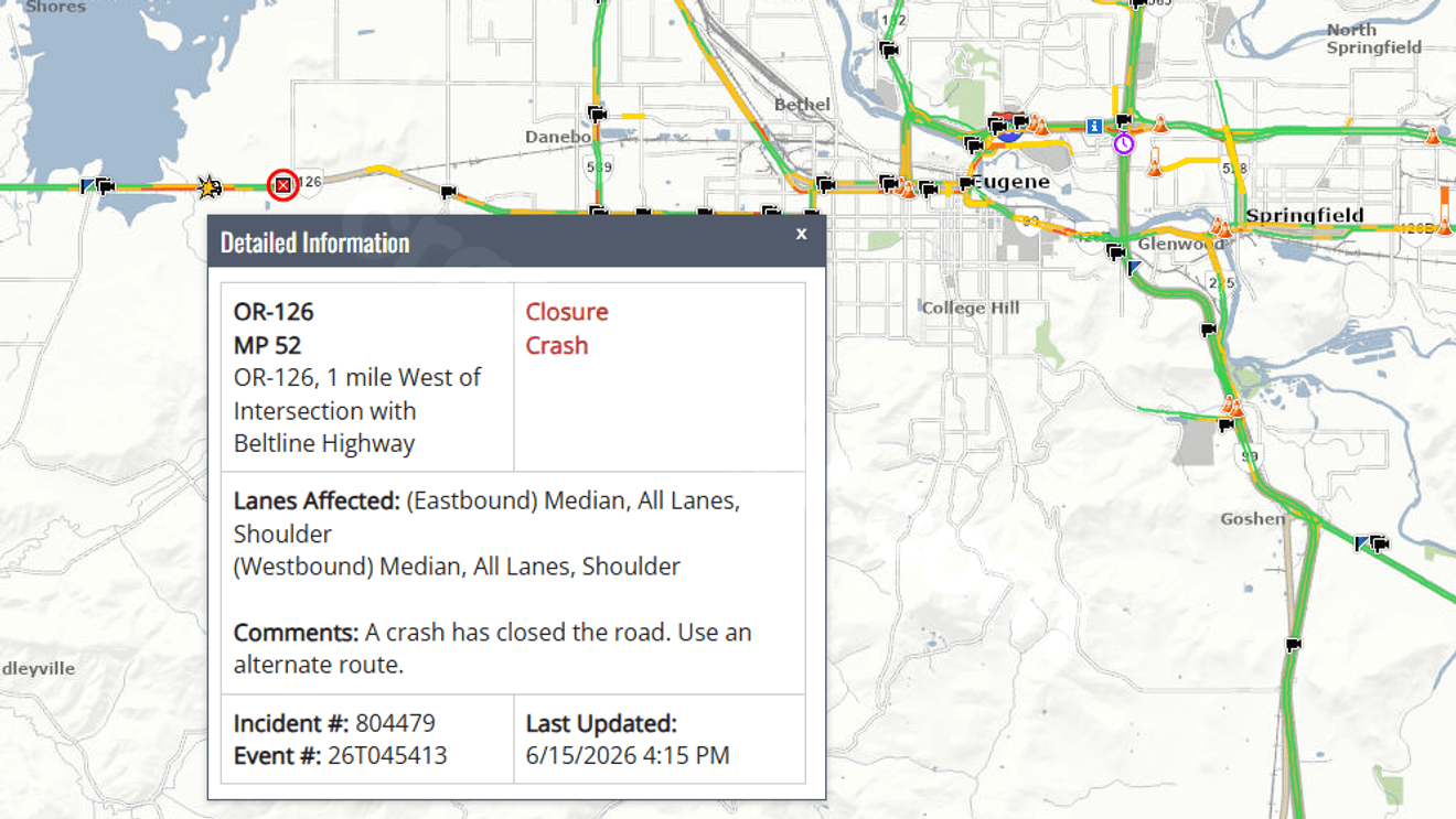 Crash closes Hwy 126 near Beltline Highway; extended closure possible, delays expected