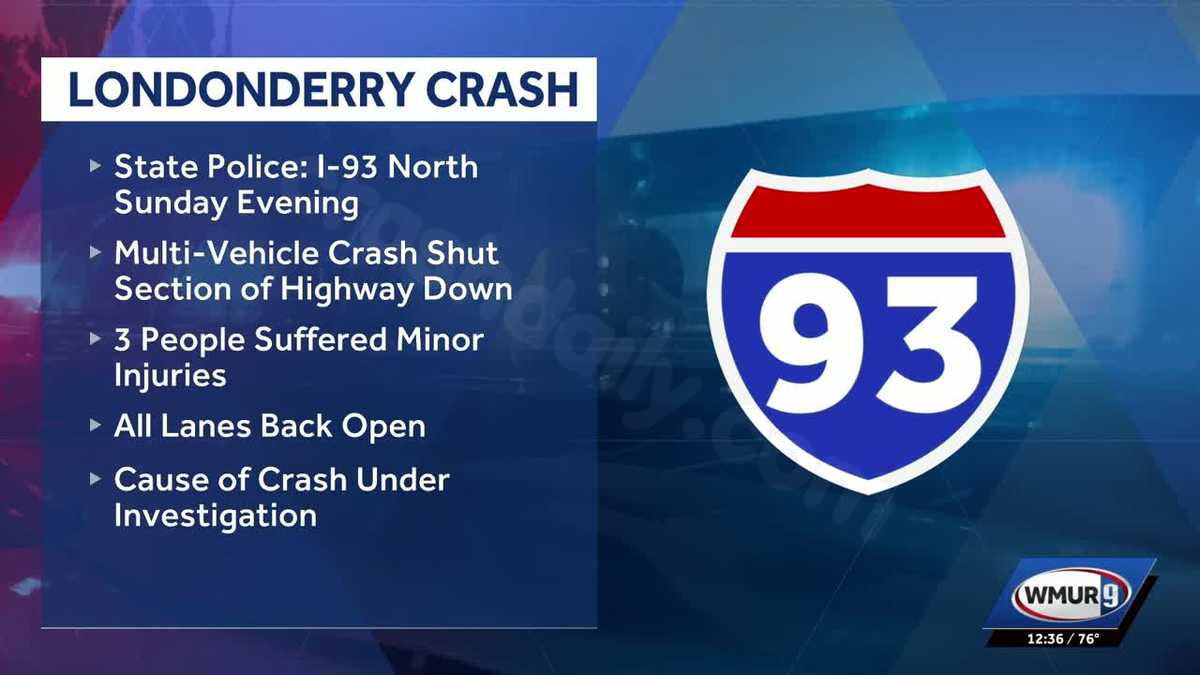 3 injured in multi-vehicle crash on I-93 in Londonderry, NH