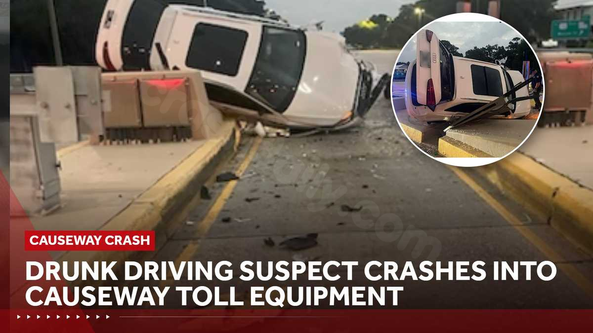 Drunk driving suspect crashes into Causeway Toll Plaza, causing damage