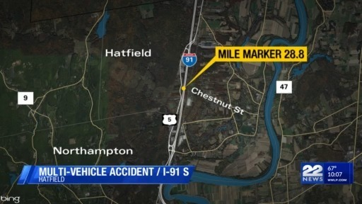 One hospitalized after four-vehicle crash on I-91 in Hatfield
