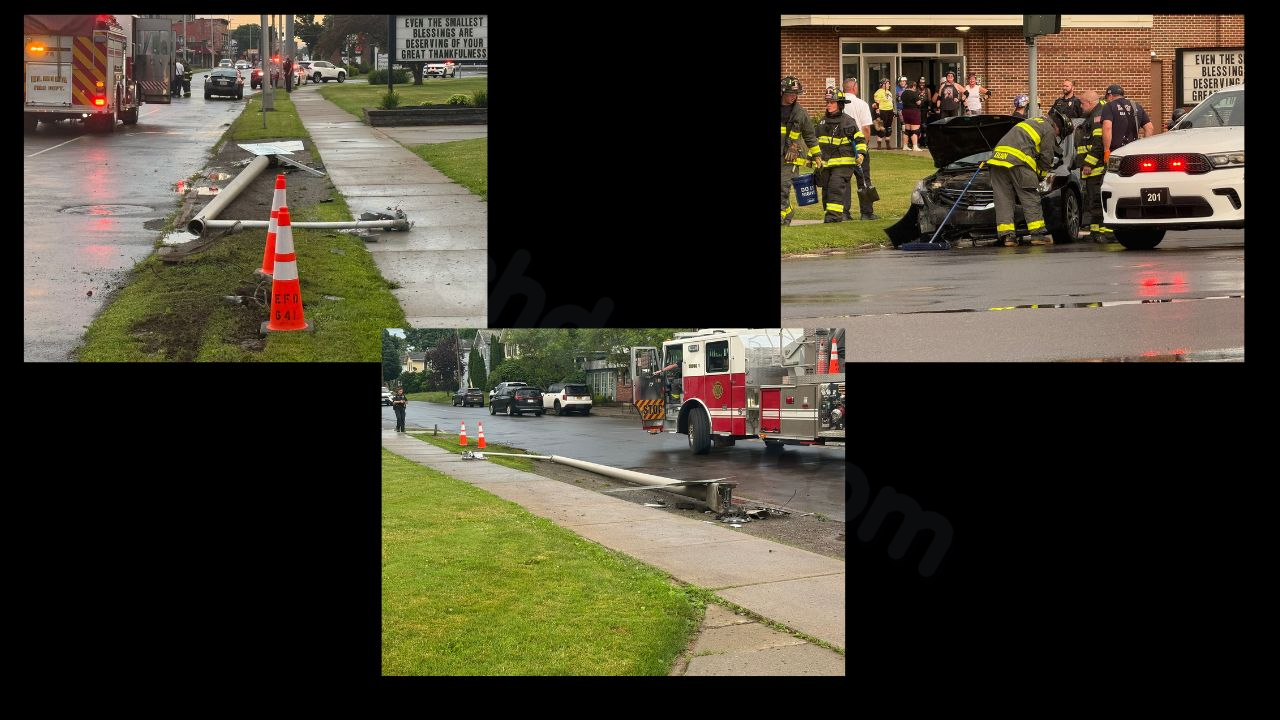 Car crash in Elmira knocks down light pole
