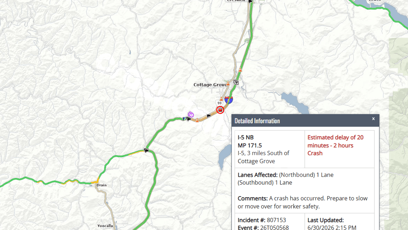Crash closes one lane each way on I-5 near Cottage Grove, causing delays