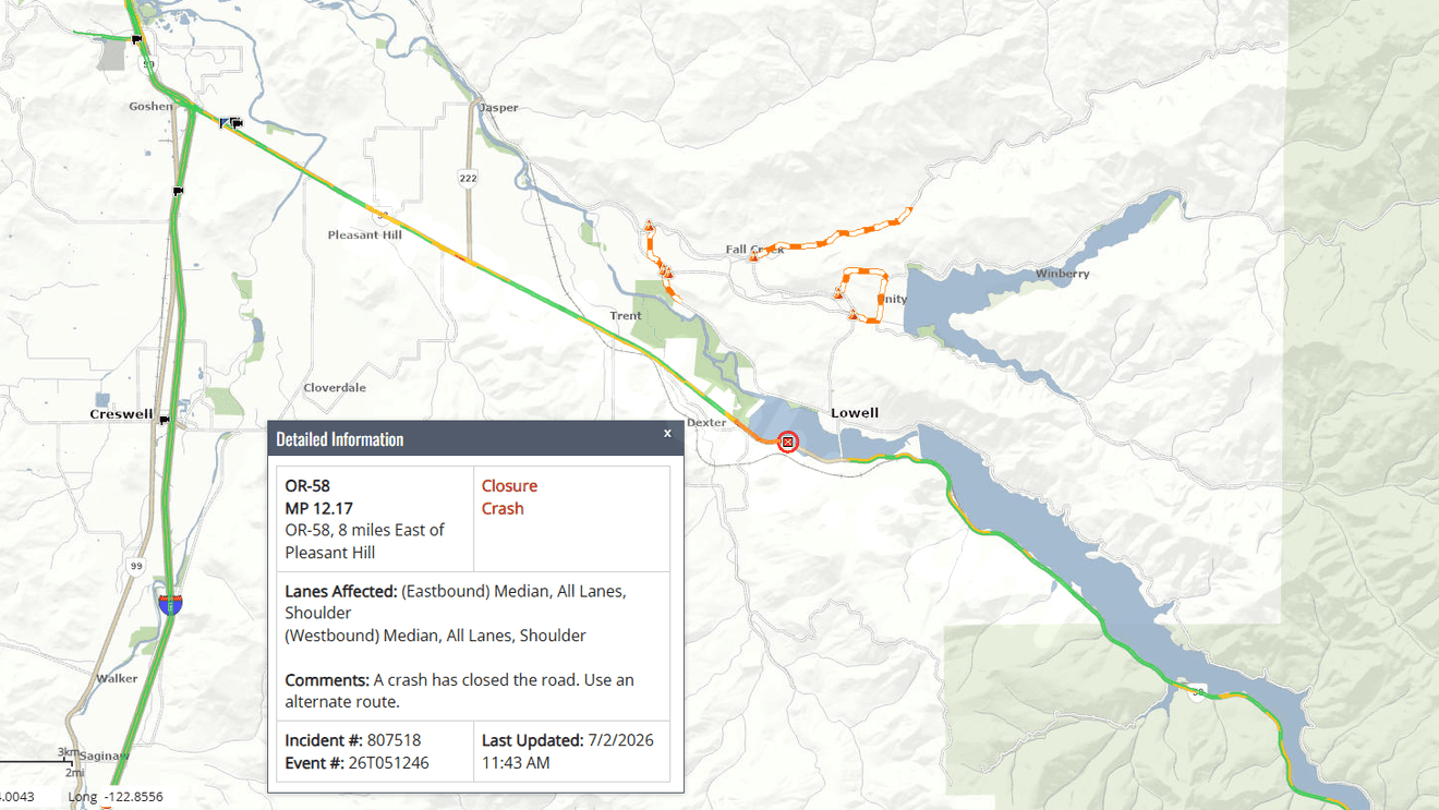 Crash closes Hwy 58 east of Pleasant Hill at milepost 12; expect extended delays