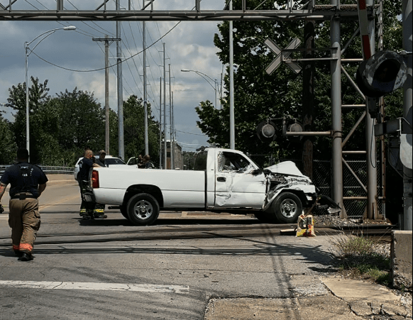 Truck damaged by train accident in Evansville