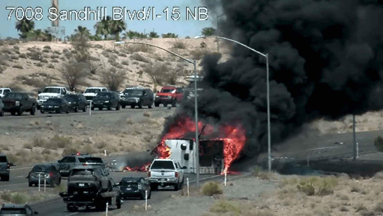 Crash blocks all lanes on northbound I-15 at Mile 122, vehicle on fire