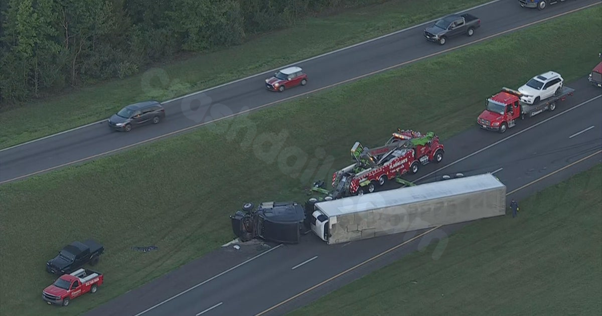 Overturned tractor trailer blocking southbound Route 55 in Glassboro, New Jersey