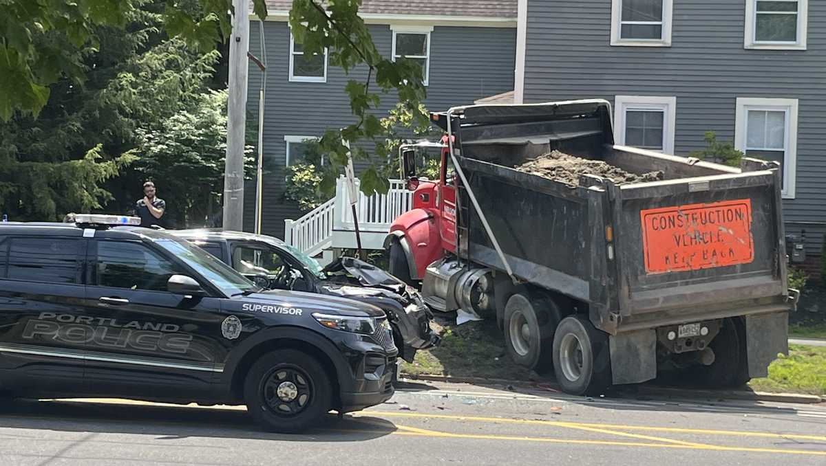Multiple vehicles damaged in crash involving a dump truck in Portland, Maine