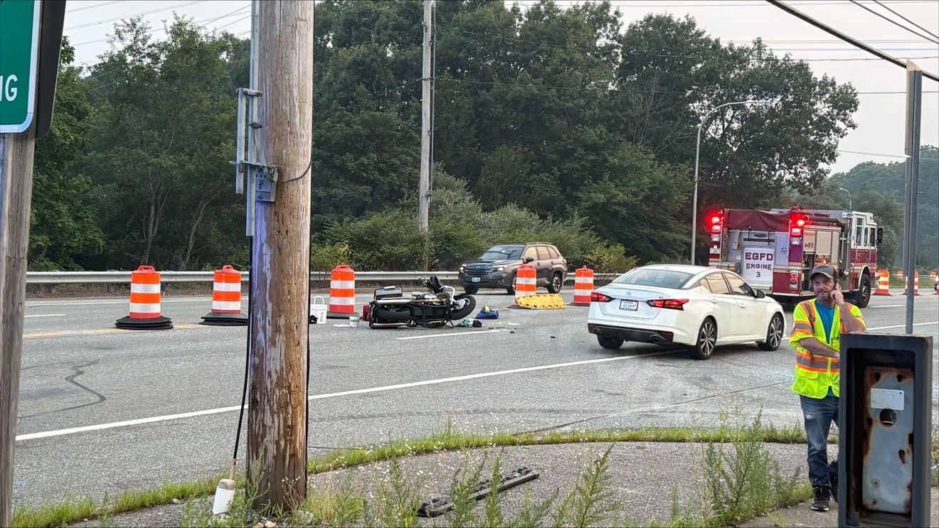 Road closed after motorcycle crash in East Greenwich