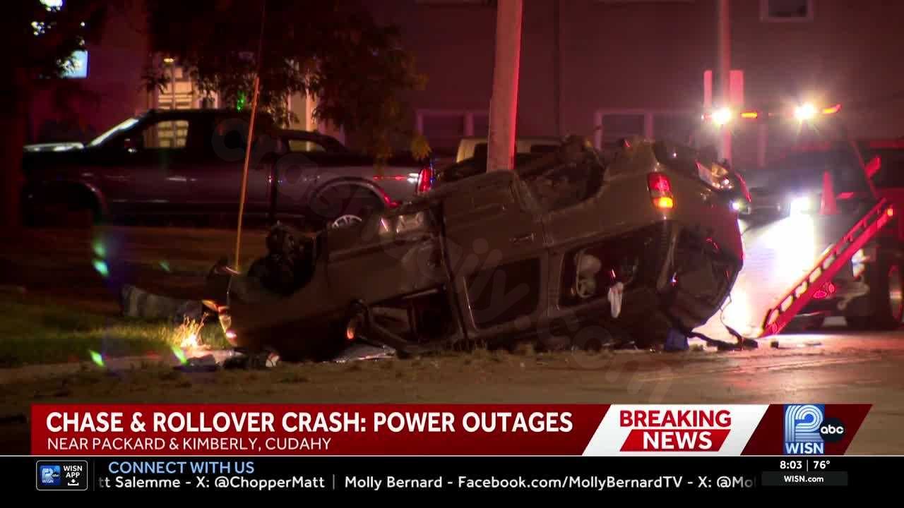 Chase and rollover crash in Cudahy leads to hundreds of power outages