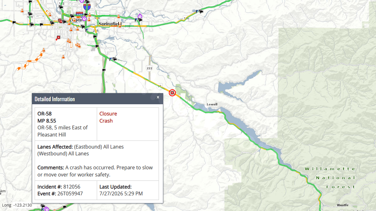 Crash closes OR 58 east of Pleasant Hill, causing extended highway closure